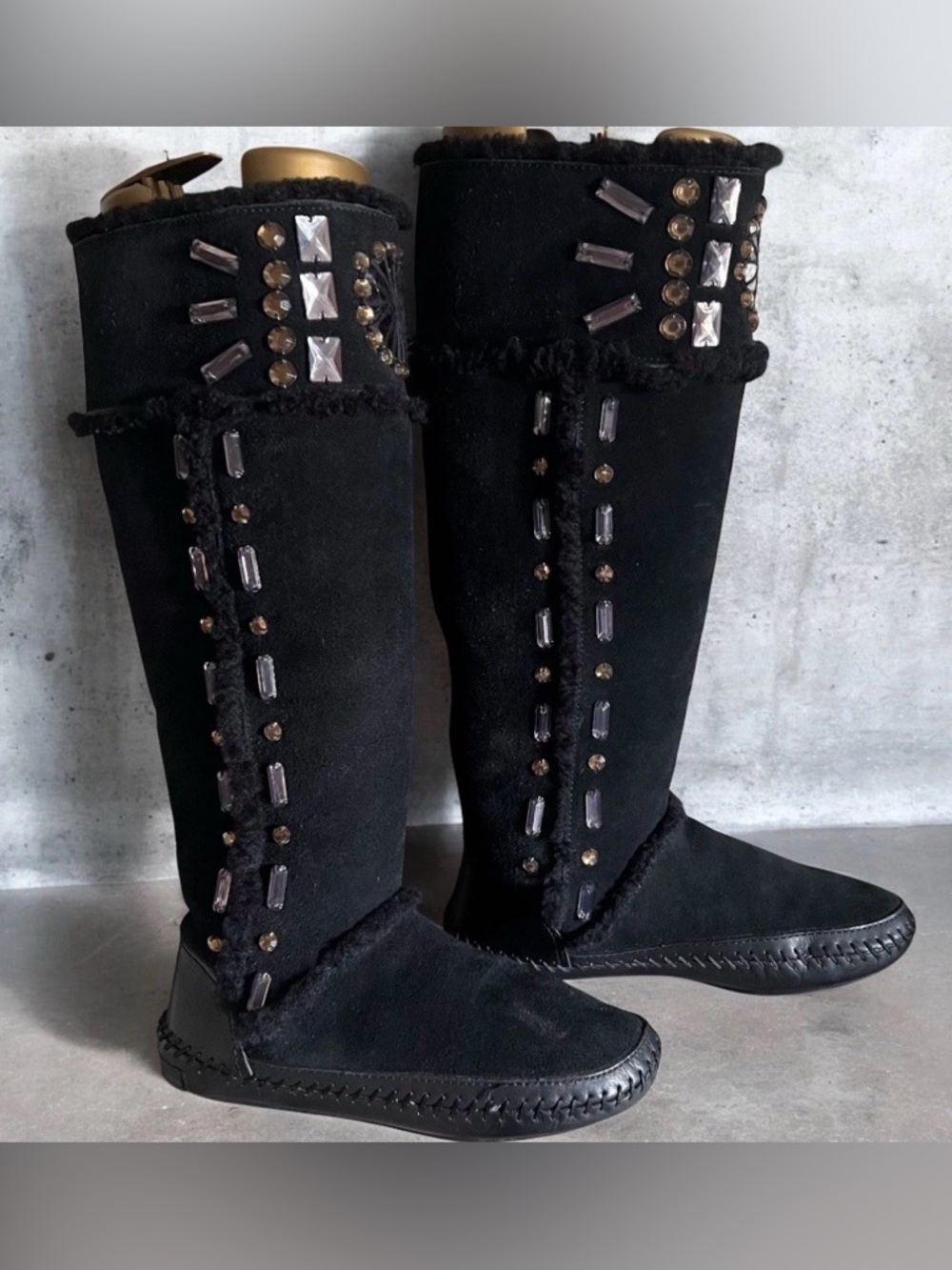 Tory Burch Black Boots Sz 5 Crystal Embellished Tall Suede Leather Sherpa Lining